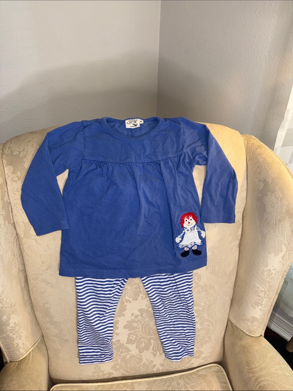 Girls Blue Long-Sleeve Set with Rag Doll Motif